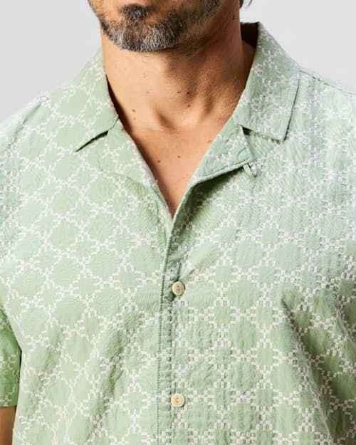 on model image of Embroidered Dobby Camp Collar Shirt