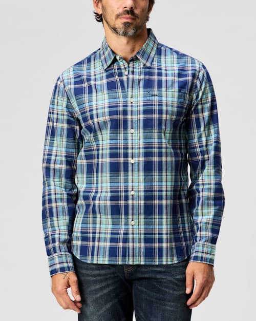 on model image of Madras Long Sleeve Button Down