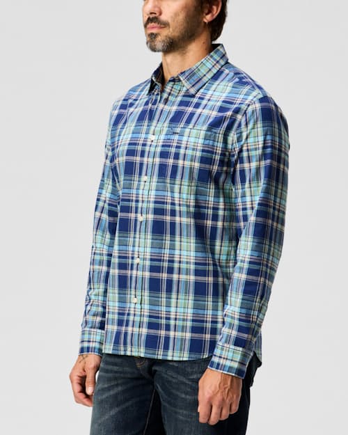 on model image of Madras Long Sleeve Button Down