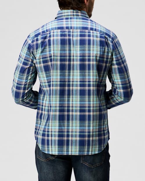 on model image of Madras Long Sleeve Button Down