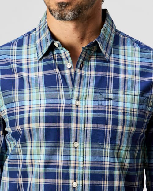on model image of Madras Long Sleeve Button Down