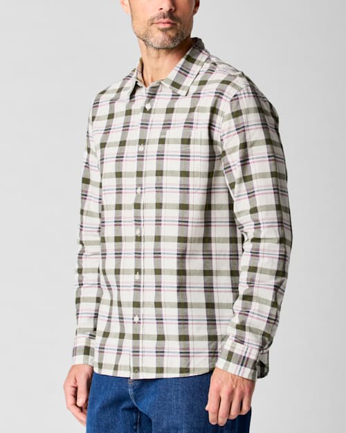on model image of Madras Long Sleeve Shirt