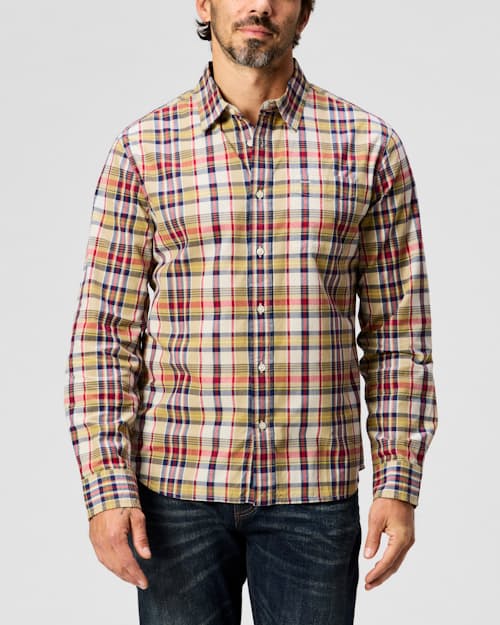 on model image of Madras Long Sleeve Button Down