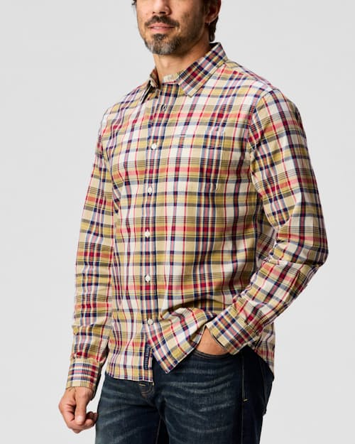 on model image of Madras Long Sleeve Button Down