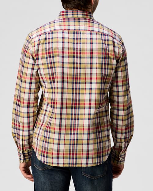 on model image of Madras Long Sleeve Button Down