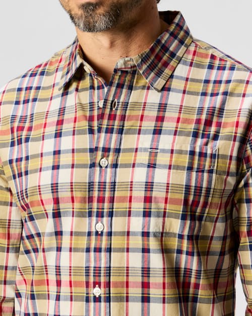 on model image of Madras Long Sleeve Button Down