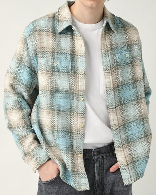 on model image of Acid Plaid Lake Long Sleeve Shirt