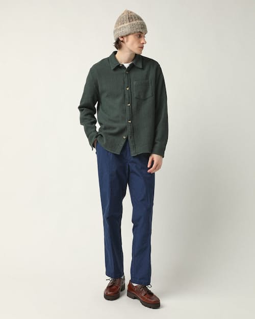 on model image of Waffle Long Sleeve Button Down