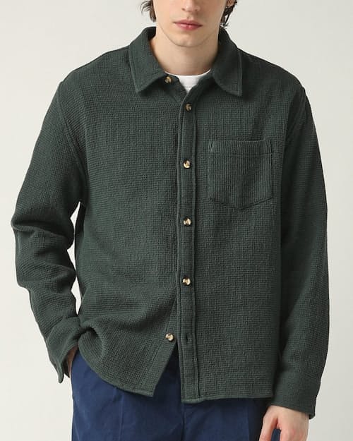 on model image of Waffle Long Sleeve Button Down