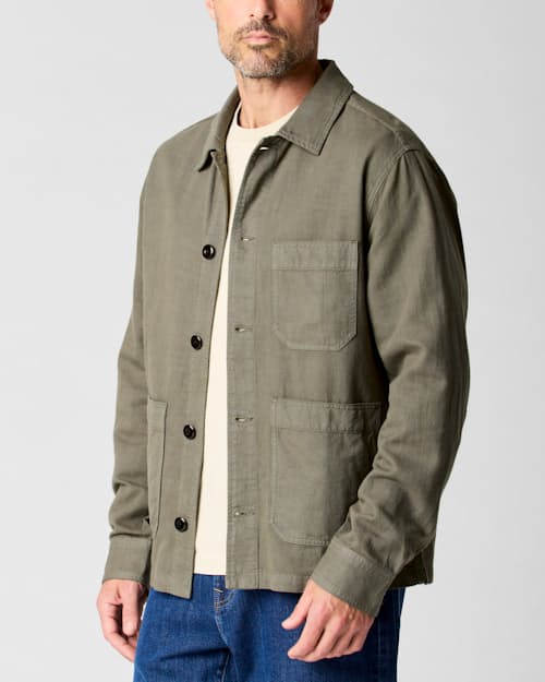 on model image of Linen Chore Coat