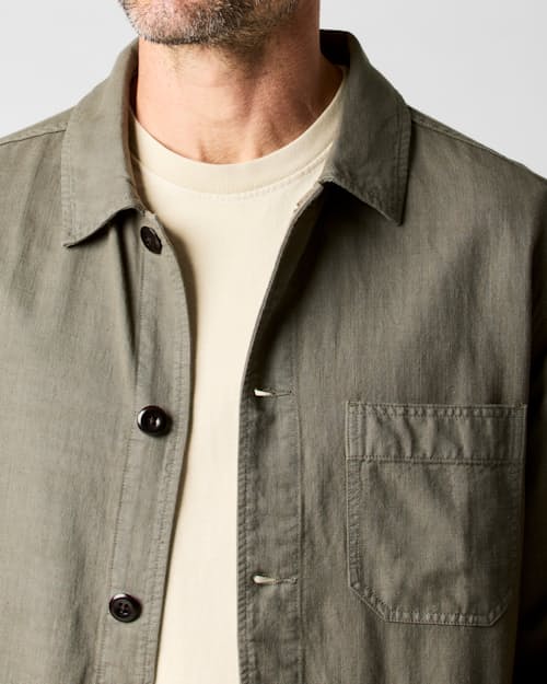 on model image of Linen Chore Coat