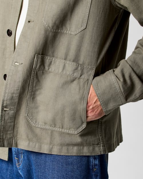on model image of Linen Chore Coat