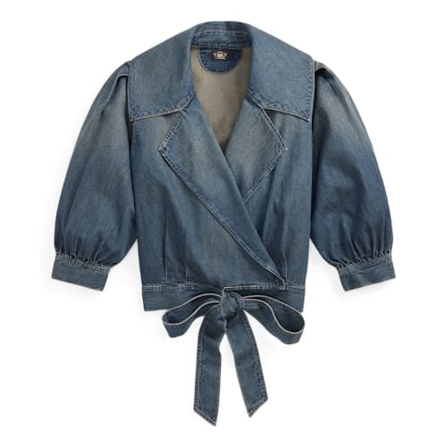 laydown image of Women's Denim Rocha Wrap Blouse