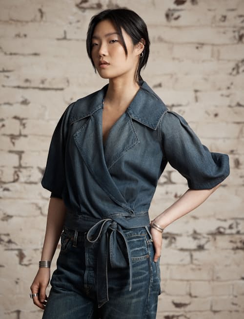 on model image of Women's Denim Rocha Wrap Blouse