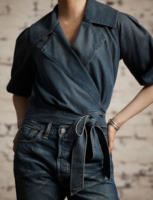 on model image of Women's Denim Rocha Wrap Blouse