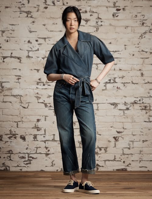 on model image of Women's Denim Rocha Wrap Blouse