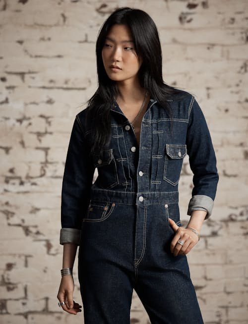 on model image of Women's Indigo Denim Coverall