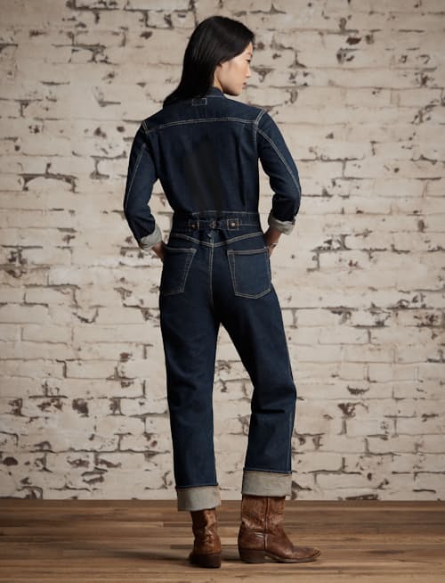 on model image of Women's Indigo Denim Coverall