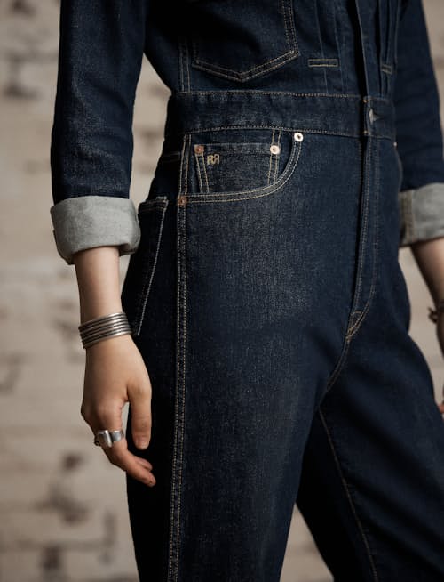 on model image of Women's Indigo Denim Coverall