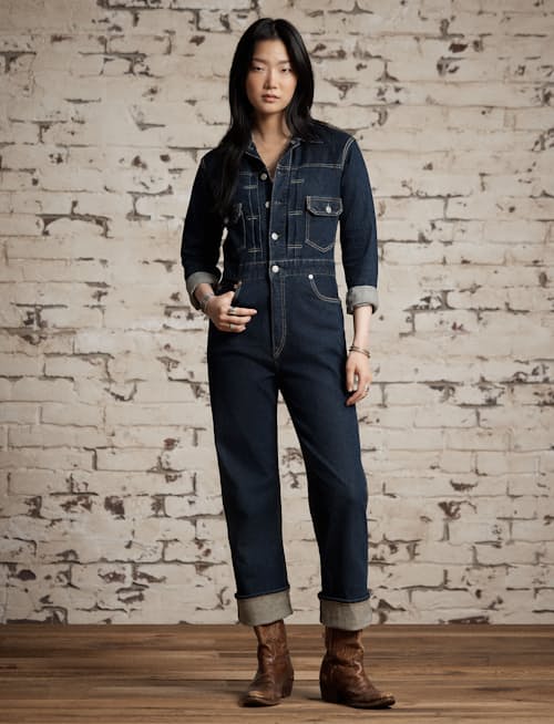 on model image of Women's Indigo Denim Coverall