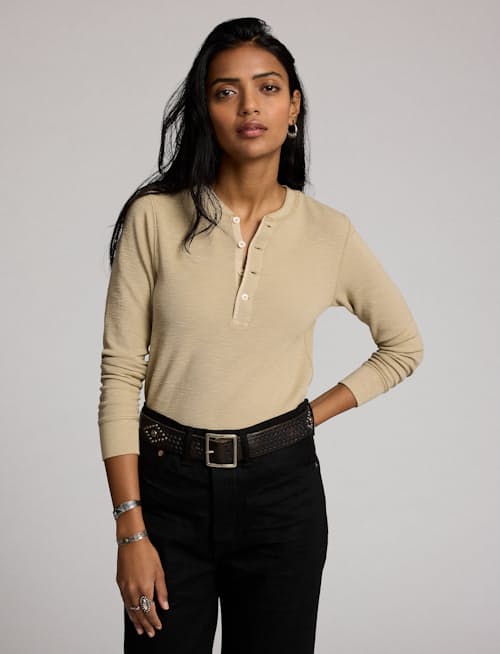 on model image of Women's Waffle Knit Henley