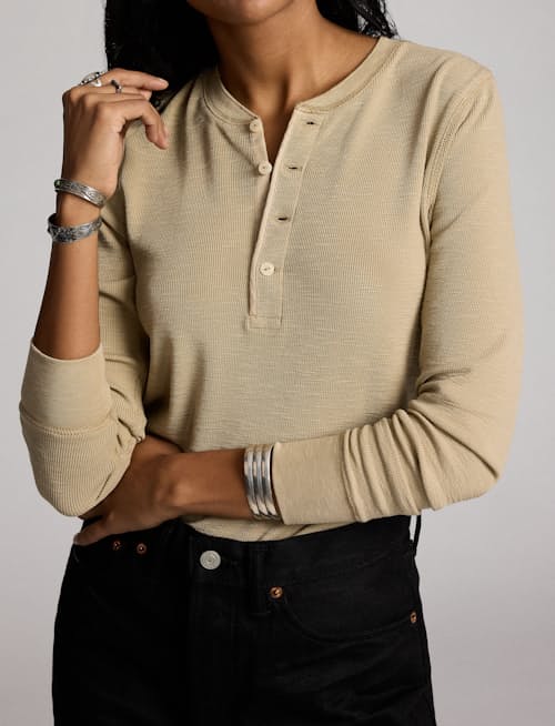on model image of Women's Waffle Knit Henley