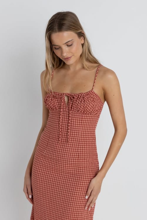 on model image of Women's Lola Check Gathered Maxi Dress