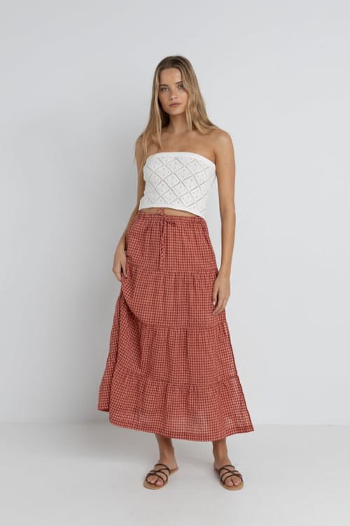 on model image of Women's Lola Check Tiered Maxi Skirt