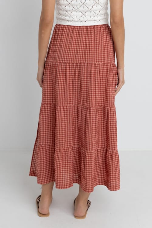 on model image of Women's Lola Check Tiered Maxi Skirt