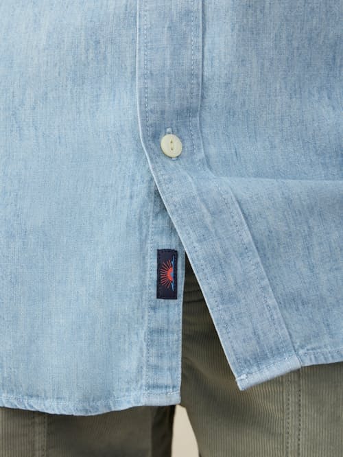 on model image of Tried and True Short Sleeve Chambray Shirt