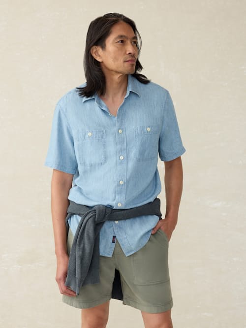 on model image of Tried and True Short Sleeve Chambray Shirt