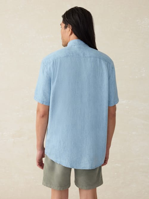 on model image of Tried and True Short Sleeve Chambray Shirt