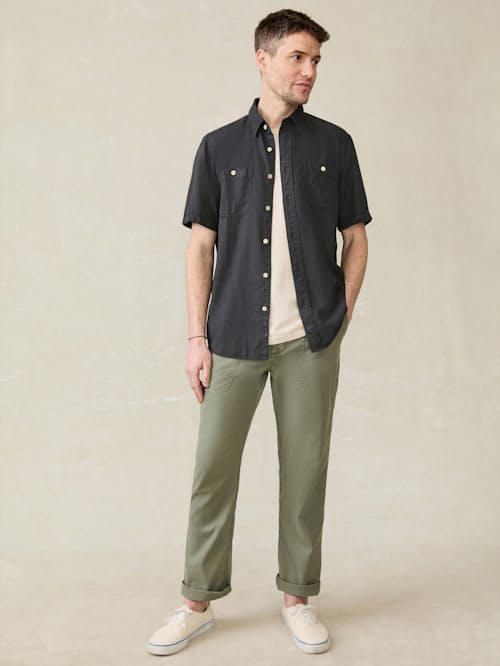 on model image of Tried and True Short Sleeve Chambray Shirt