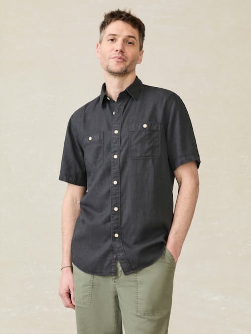 on model image of Tried and True Short Sleeve Chambray Shirt