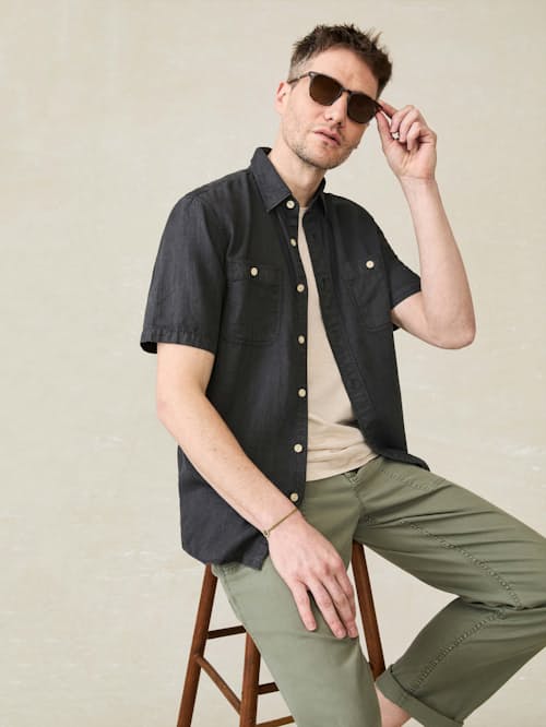 on model image of Tried and True Short Sleeve Chambray Shirt