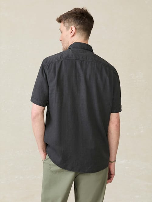 on model image of Tried and True Short Sleeve Chambray Shirt