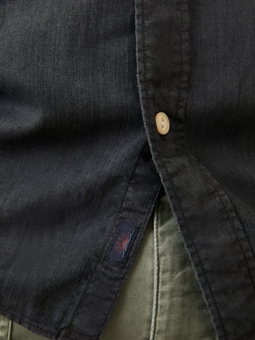 on model image of Tried and True Short Sleeve Chambray Shirt