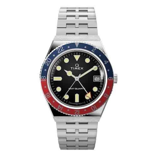 laydown image of Q Timex GMT 38mm Stainless Steel Watch