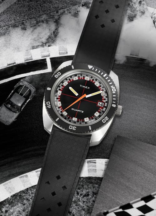 lifestyle image of Q Timex Reissue 1971 Velocity 36mm Synthetic Rubber Strap Watch