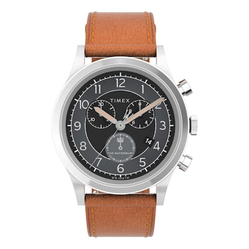 laydown image of Waterbury Traditional Chronograph 42mm Leather Strap Watch