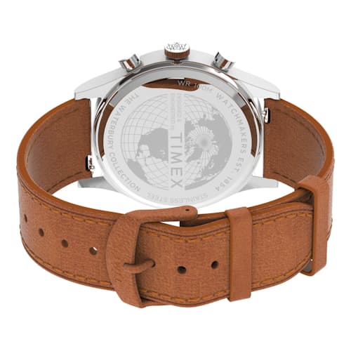 laydown image of Waterbury Traditional Chronograph 42mm Leather Strap Watch