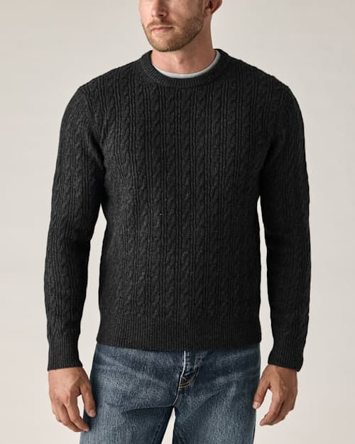 on model image of EasyCash Merino Cable Knit Sweater