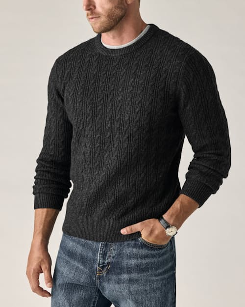 on model image of EasyCash Merino Cable Knit Sweater