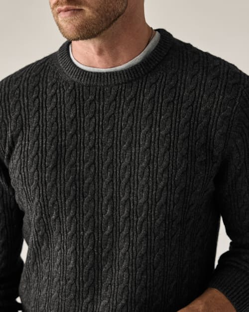 on model image of EasyCash Merino Cable Knit Sweater