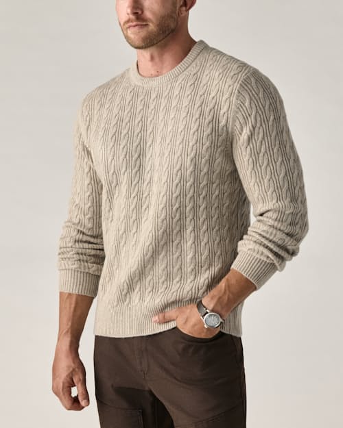 on model image of EasyCash Merino Cable Knit Sweater