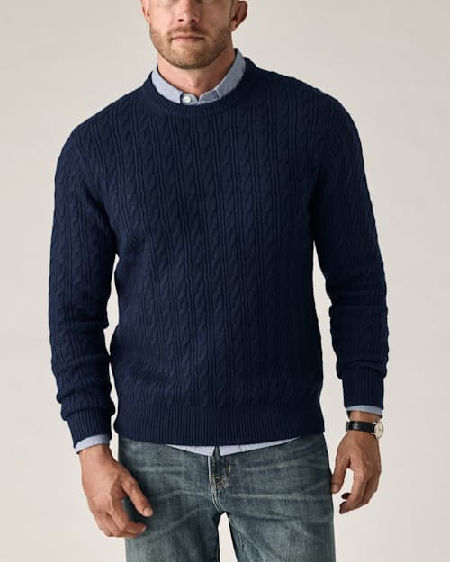 on model image of EasyCash Merino Cable Knit Sweater