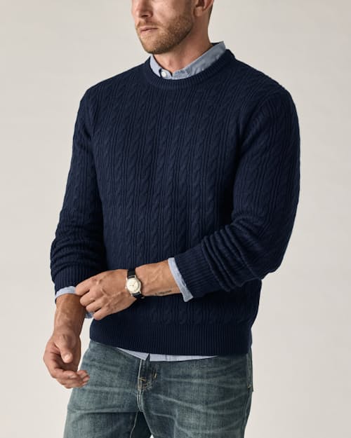 on model image of EasyCash Merino Cable Knit Sweater