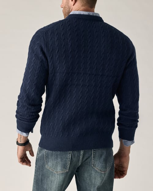 on model image of EasyCash Merino Cable Knit Sweater