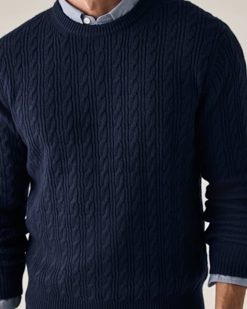 on model image of EasyCash Merino Cable Knit Sweater