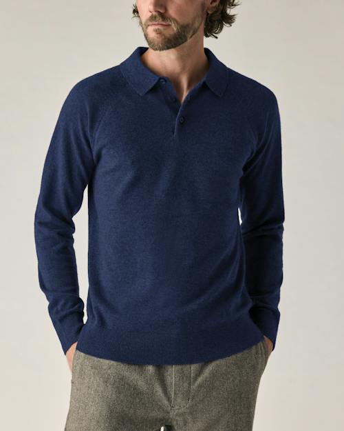 on model image of EasyCash Merino Long Sleeve Polo
